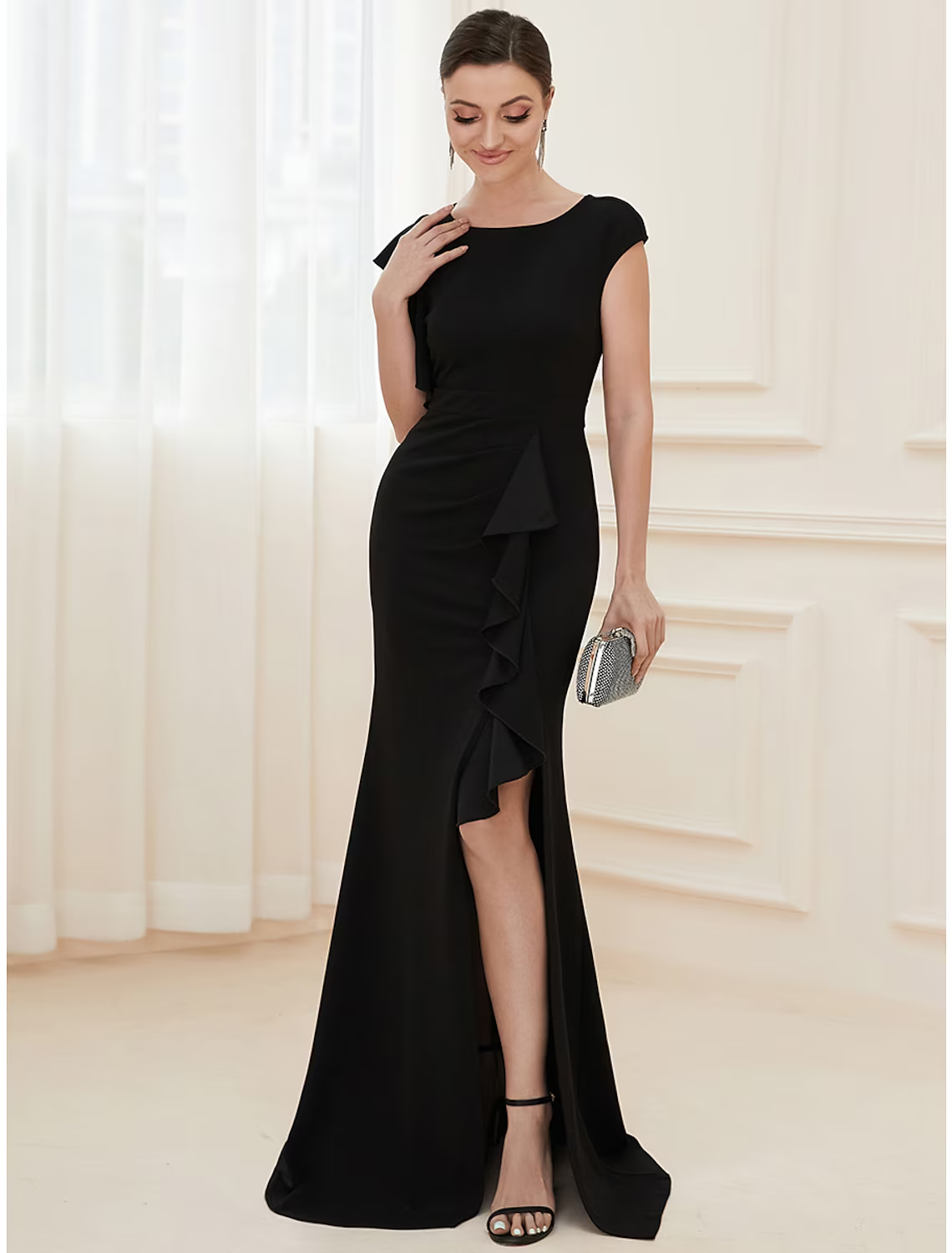 Evening Gown Vintage Dress Formal Floor Length Short Sleeve Jewel Neck Nylon with Ruffles Slit
