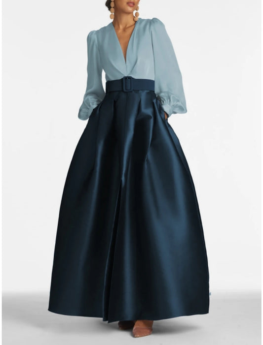 A-Line Formal Satin Pocket Long Sleeve Blue Black Evening Gown High Split Wedding Guest Dress Fall Wedding Floor Length Color Contrast V Neck Belt / Sash Navy with Pleats