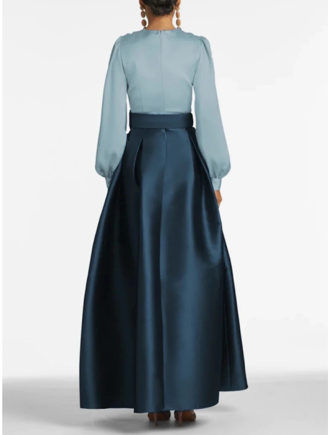 A-Line Formal Satin Pocket Long Sleeve Blue Black Evening Gown High Split Wedding Guest Dress Fall Wedding Floor Length Color Contrast V Neck Belt / Sash Navy with Pleats