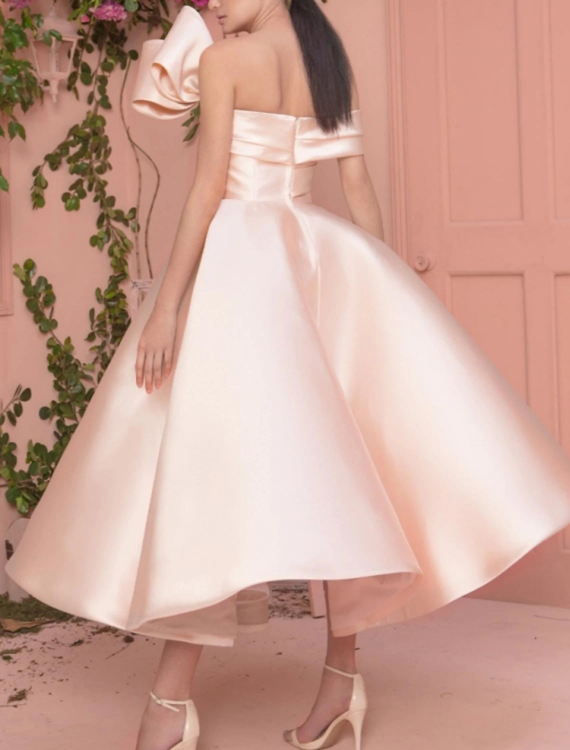 A-Line Minimalist Elegant Engagement Prom Valentine's Day Dress Off Shoulder Short Sleeve Ankle Length Satin with Sleek