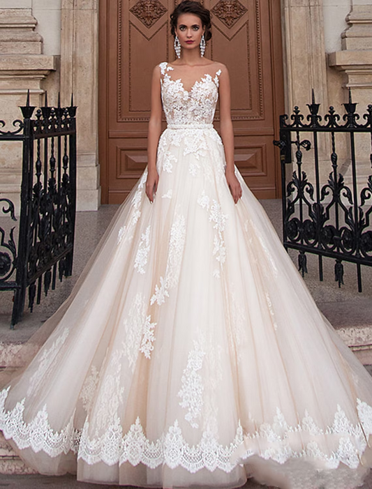 Engagement Open Back Formal Wedding Dresses Court Train A-Line Regular Straps Jewel Neck Satin With Appliques