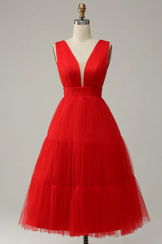 DingJiDress High Quality Dress Elegant V-Neck Pleated Tulle Tea-Length Backless Prom Dress