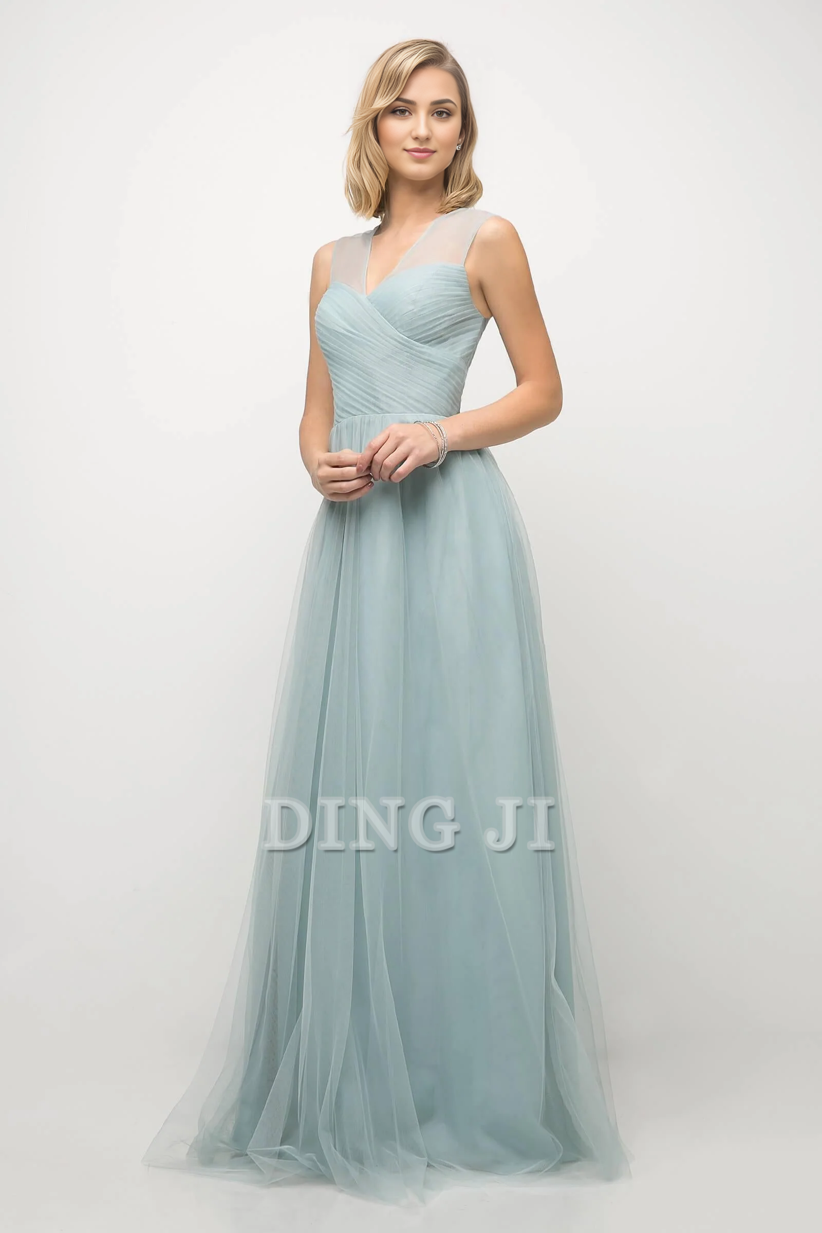 DingJiDress Bridesmaid Dresses Elegant Sleeveless Full Length Gown V-Neckline Sheer Mesh Shoulder Crisscross Gathered Sweetheart Bodice V Shaped Back Tulle Dresses Wedding Guests Dresses