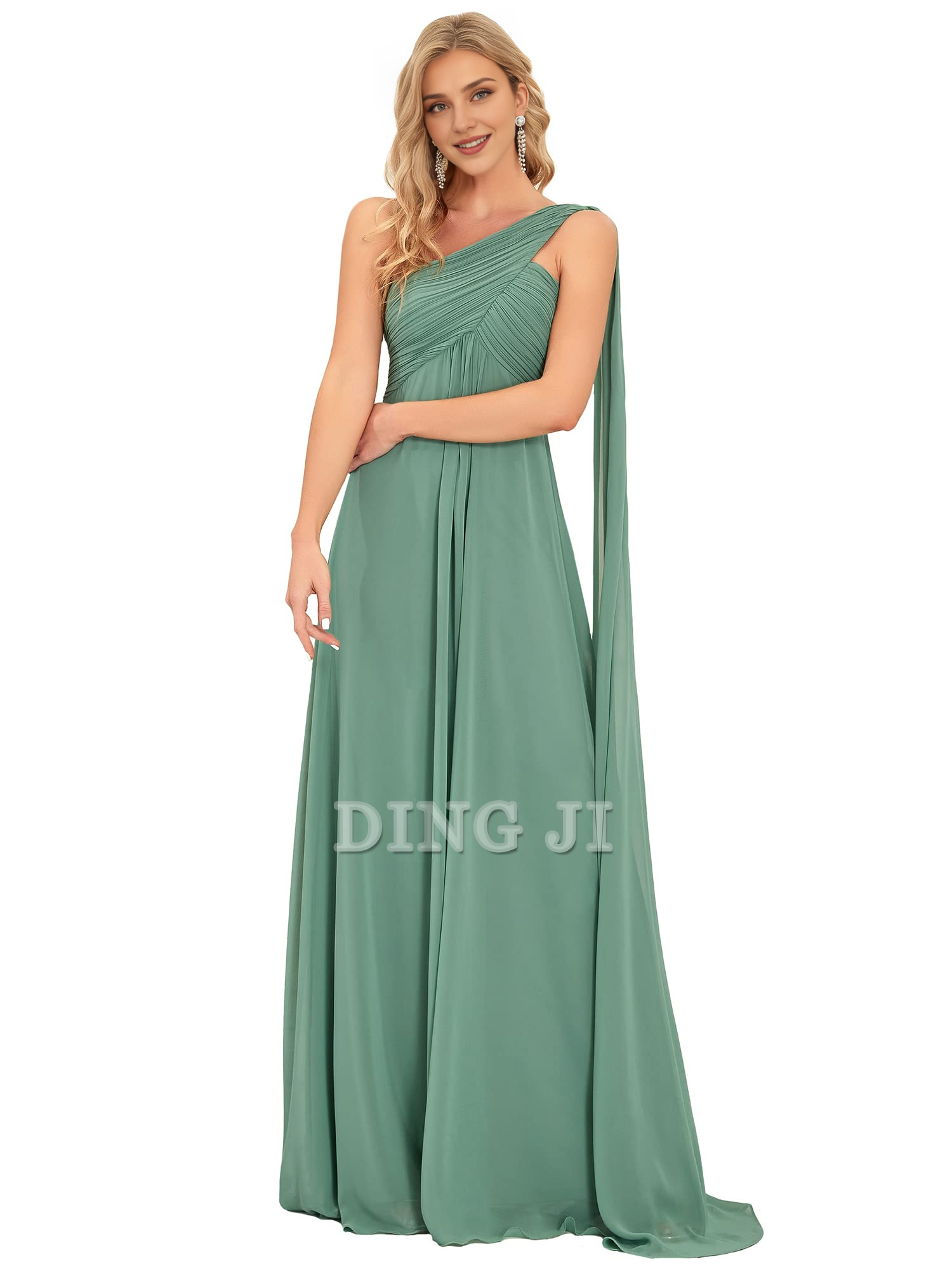 DingJiDress Bridesmaid Dresses One Shoulder Empire Waist Chiffon Pleated Elegant Long Formal Wear Dresses
