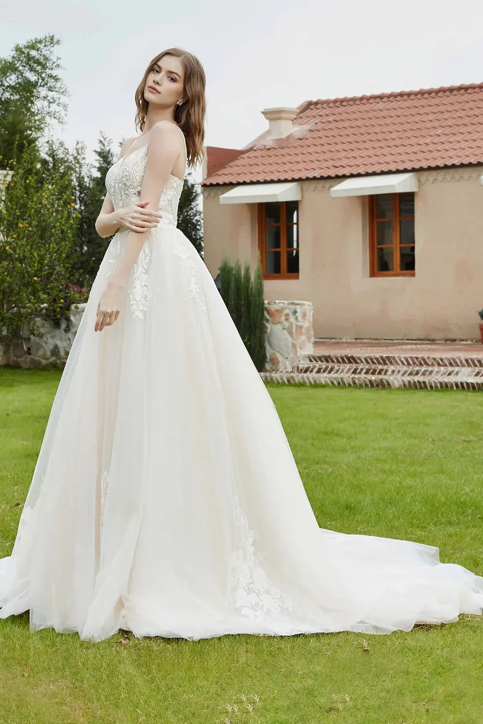 Exquisite A-Line V-Neck Spaghetti Straps Lace Applique Backless Affordable Hot Sale Wedding Dress