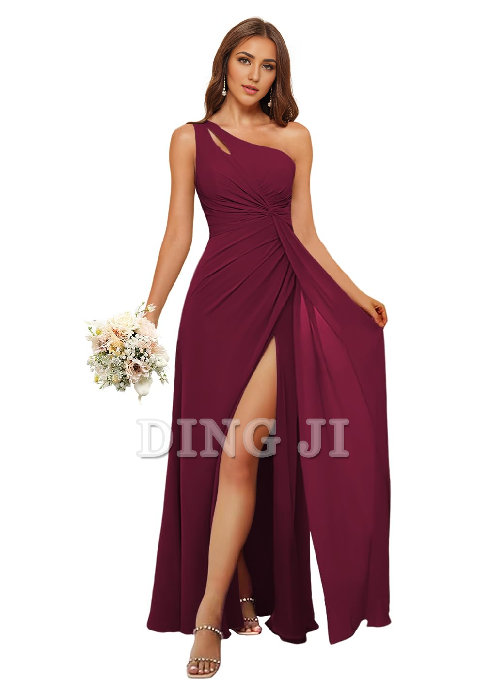 DingJiDress Bridesmaid Dresses A Line One Shoulder Pleated Side Fork Long Chiffon High Quality Formal Wear Dresses