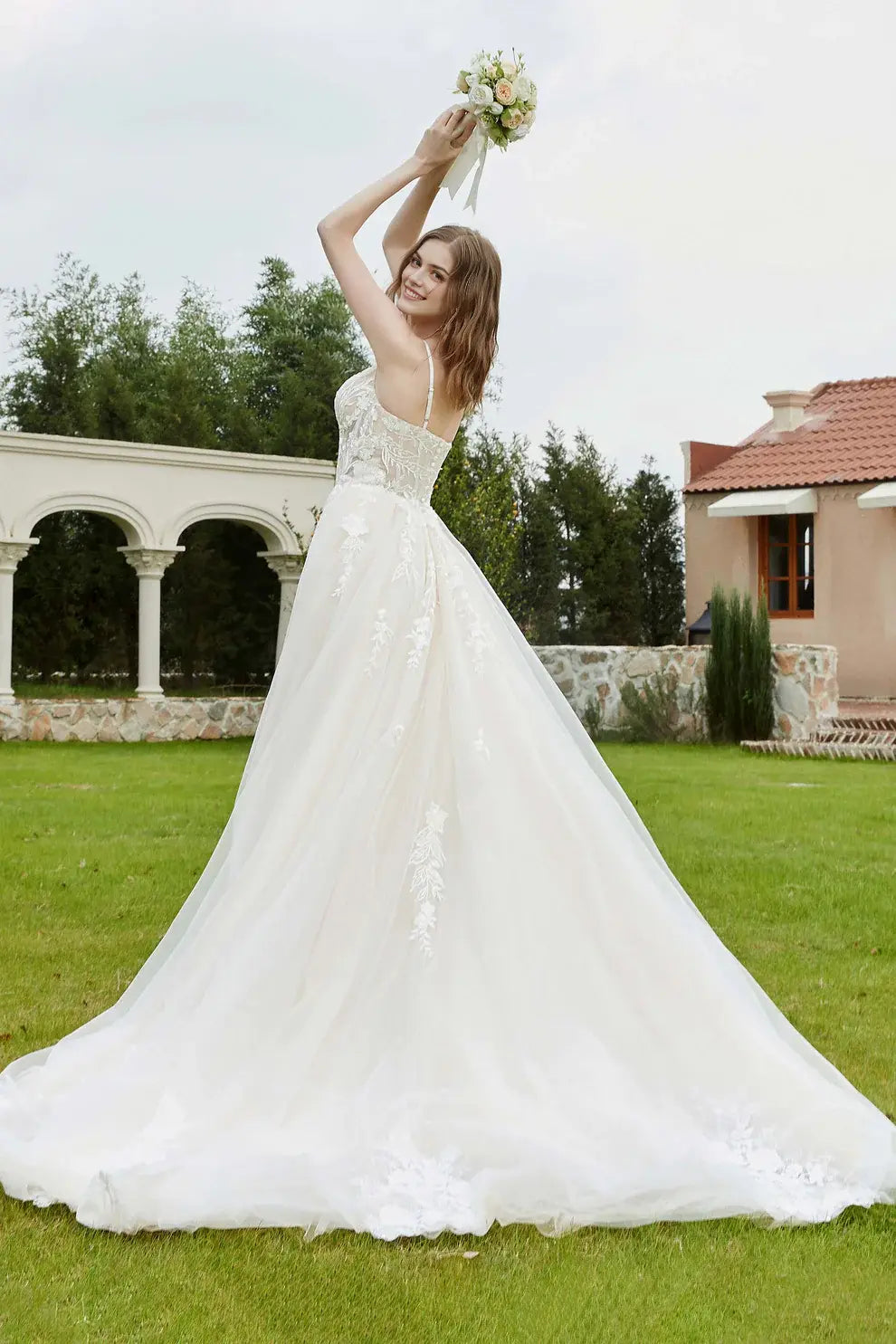Exquisite A-Line V-Neck Spaghetti Straps Lace Applique Backless Affordable Hot Sale Wedding Dress