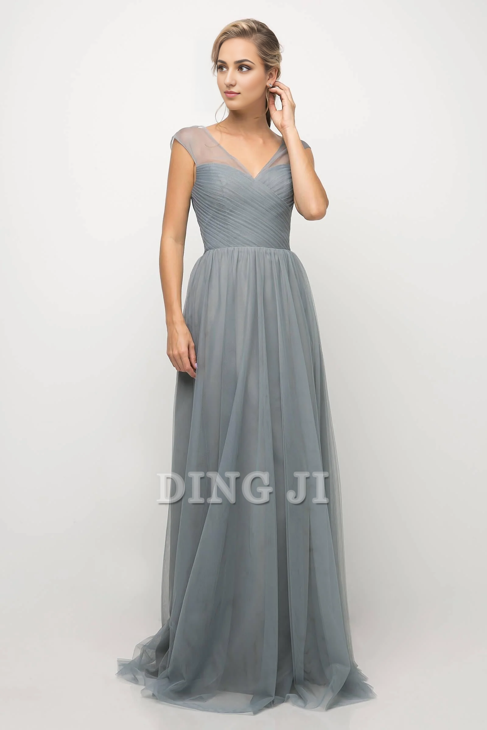 DingJiDress Bridesmaid Dresses Elegant Sleeveless Full Length Gown V-Neckline Sheer Mesh Shoulder Crisscross Gathered Sweetheart Bodice V Shaped Back Tulle Dresses Wedding Guests Dresses