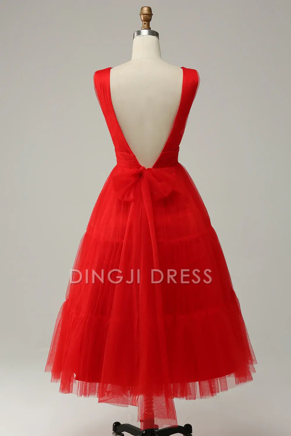 DingJiDress High Quality Dress Elegant V-Neck Pleated Tulle Tea-Length Backless Prom Dress