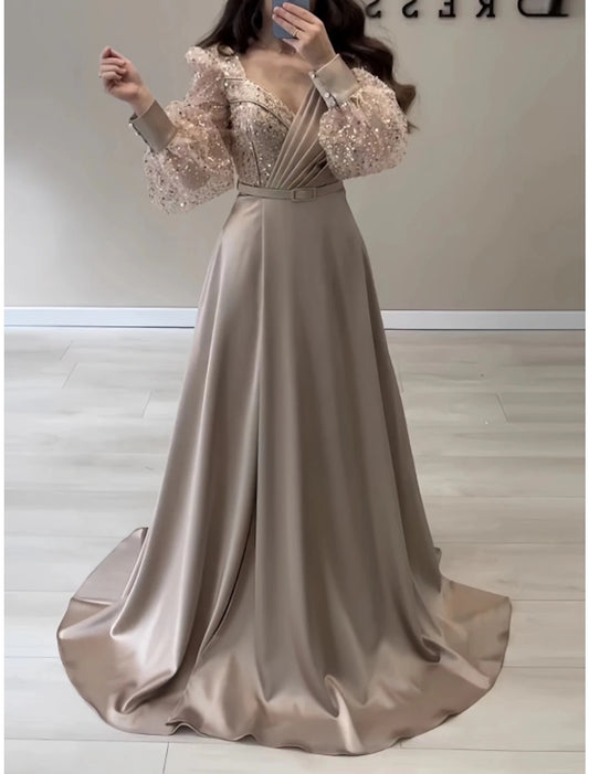 A-Line Evening Gown Sparkle & Shine Black Dress Formal Fall Sweep / Brush Train Long Sleeve V Neck Satin with Glitter Pleats Strappy