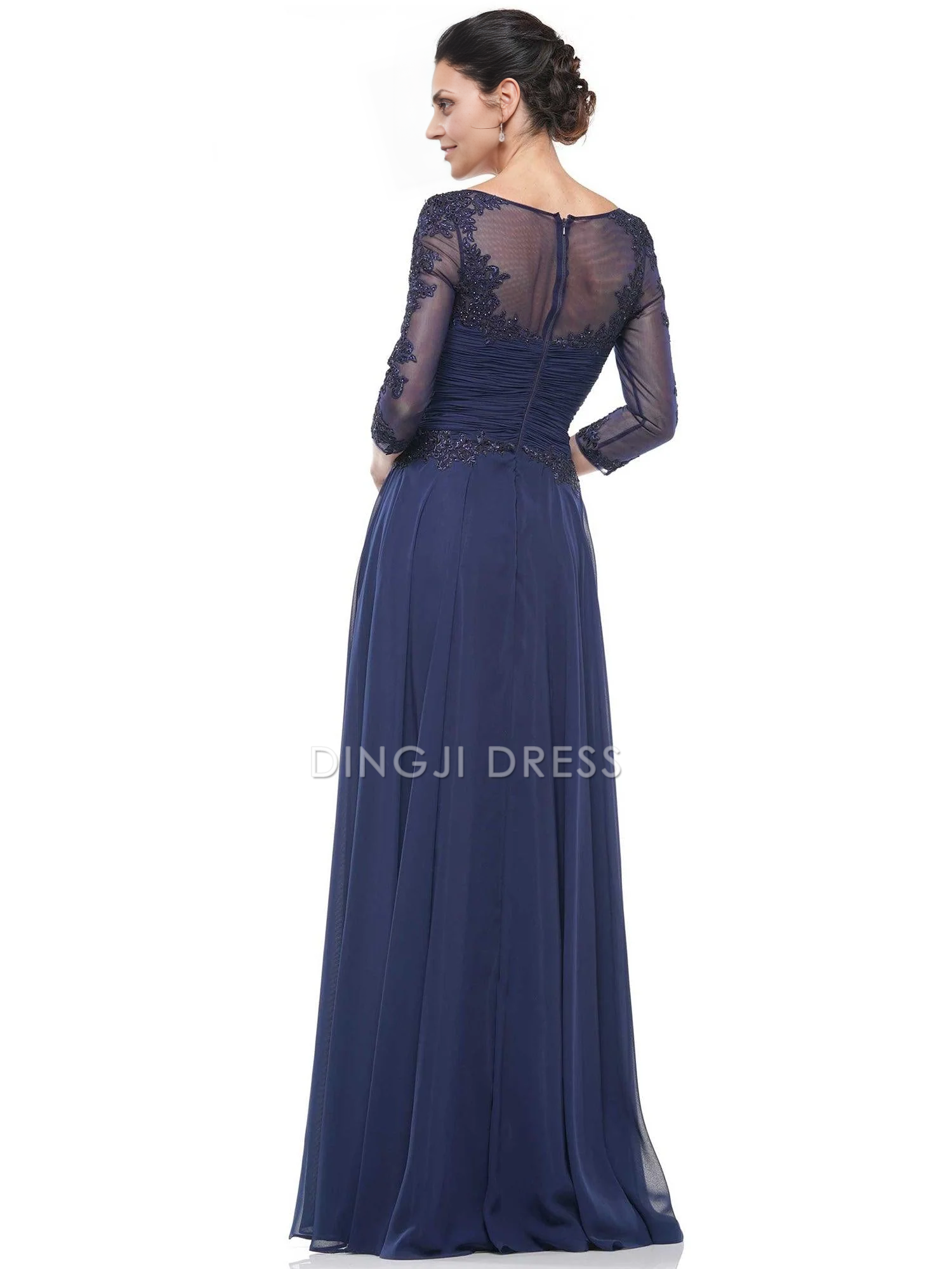 DingJiDress Evening Dress A Line V Neck Lace Sheer 3/4 Sleeves Exquisite Long Mother Of The Bride Dress