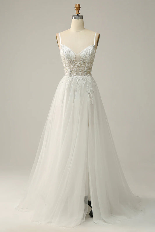 DingJiDress High Quality Dress Evening Dress Elegant A Line Spaghetti Straps Tulle Applique Side Fork Fantastic Long Prom Dress