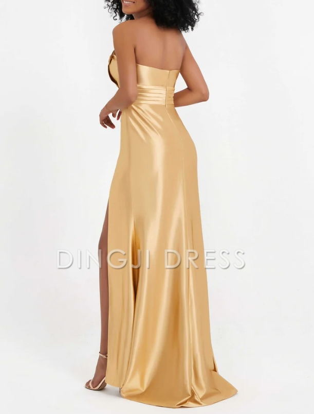 DingJiDress Evening Dress Elegant Sheath Strapless Pleated High Slit Long Satin Side Fork Charming Formal Dress