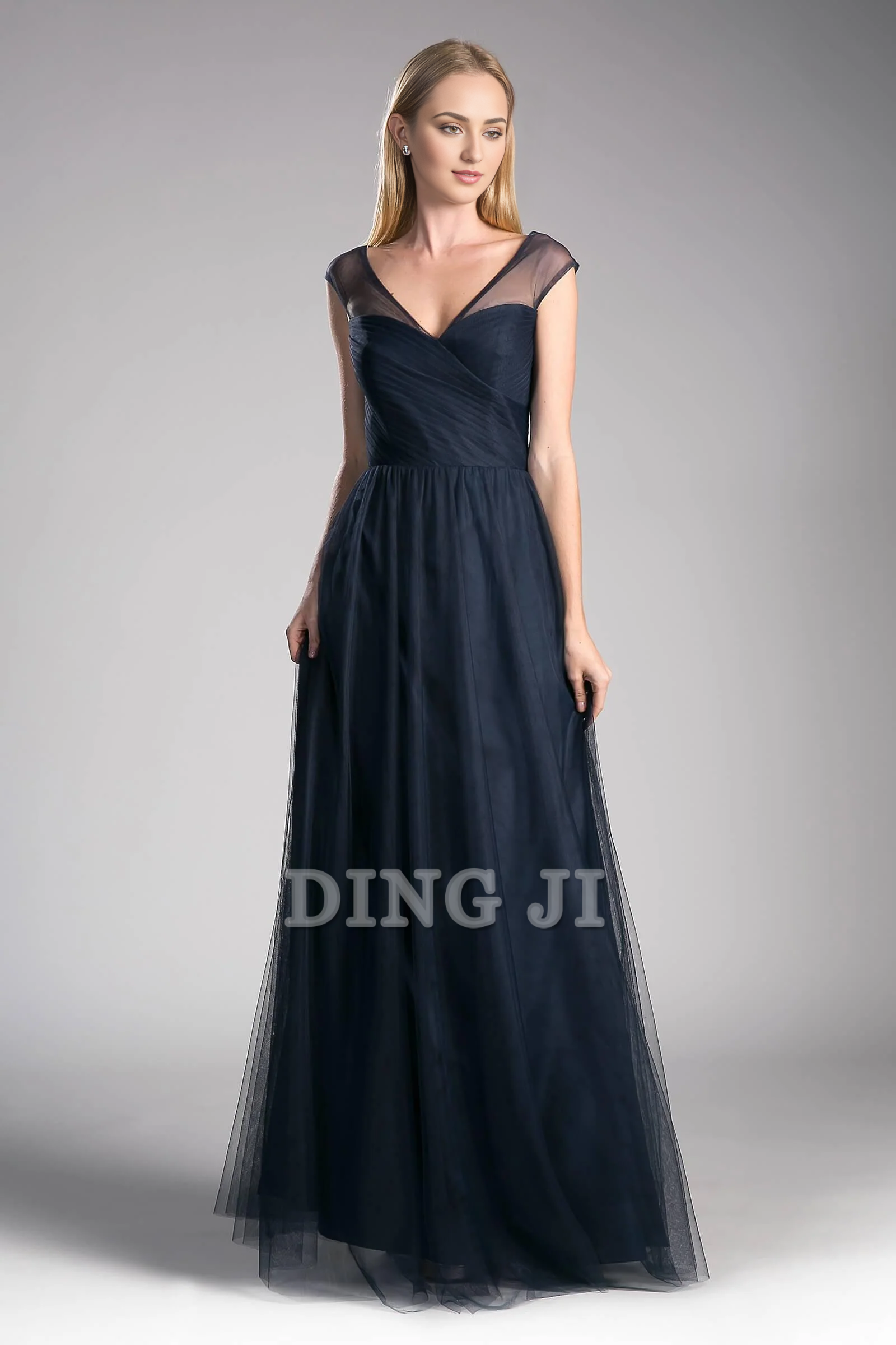 DingJiDress Bridesmaid Dresses Elegant Sleeveless Full Length Gown V-Neckline Sheer Mesh Shoulder Crisscross Gathered Sweetheart Bodice V Shaped Back Tulle Dresses Wedding Guests Dresses