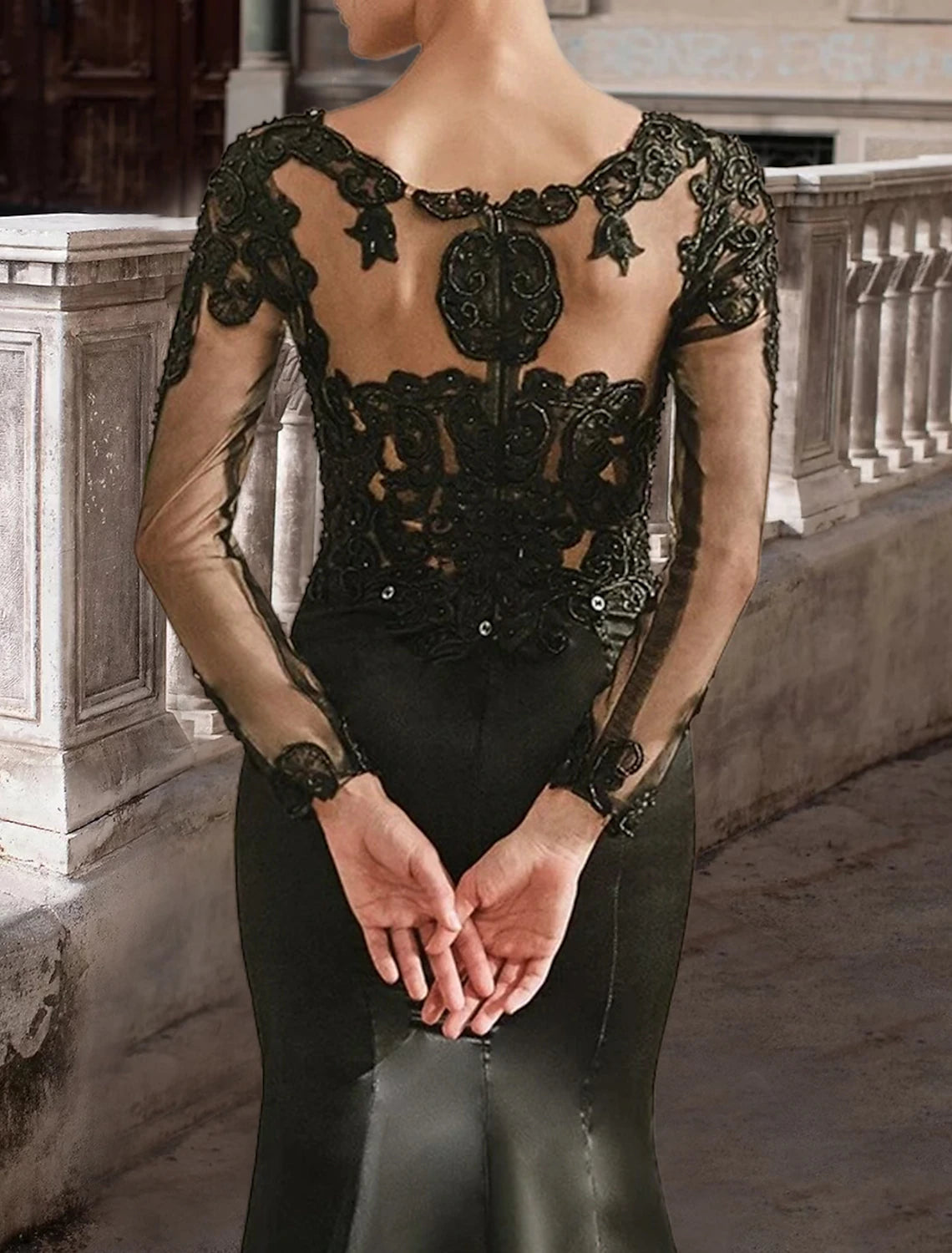 Black Wedding Dresses Formal Mermaid / Trumpet V Neck Long Sleeve Sweep / Brush Train Lace Gothi Fall Halloween Bridal Gowns With Beading Appliques