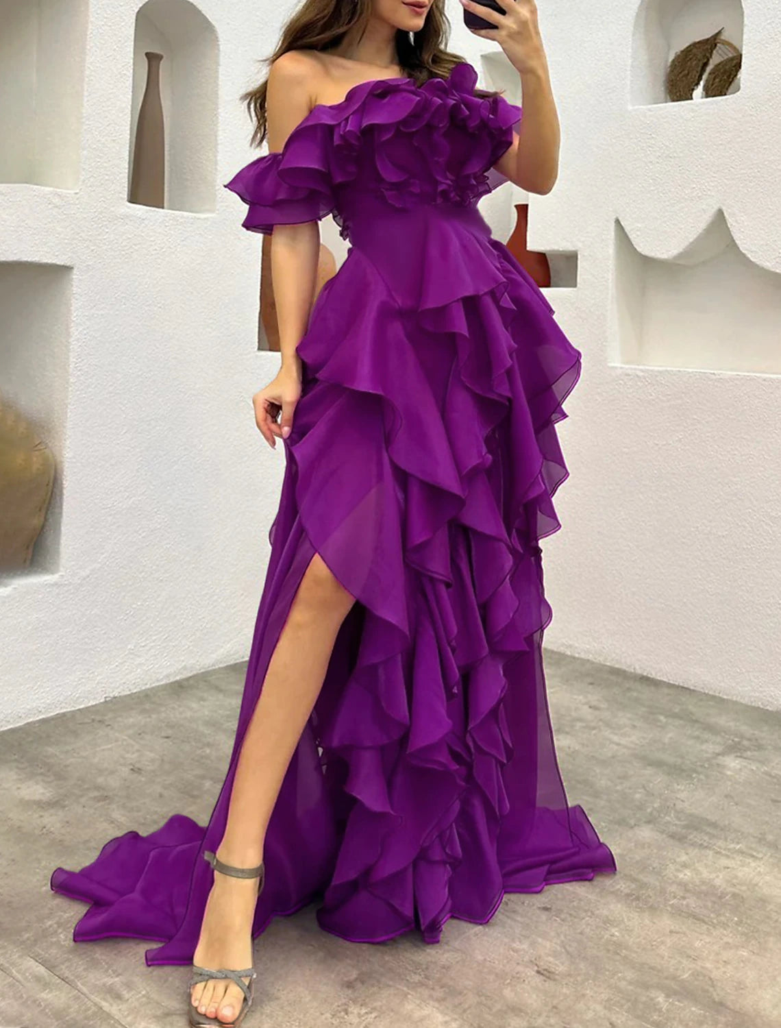 A-Line Evening Dress Black Dress Tiered Plisse Dress Formal Masquerade Sweep / Brush Train Sleeveless Off Shoulder Gothic Chiffon with Ruffles