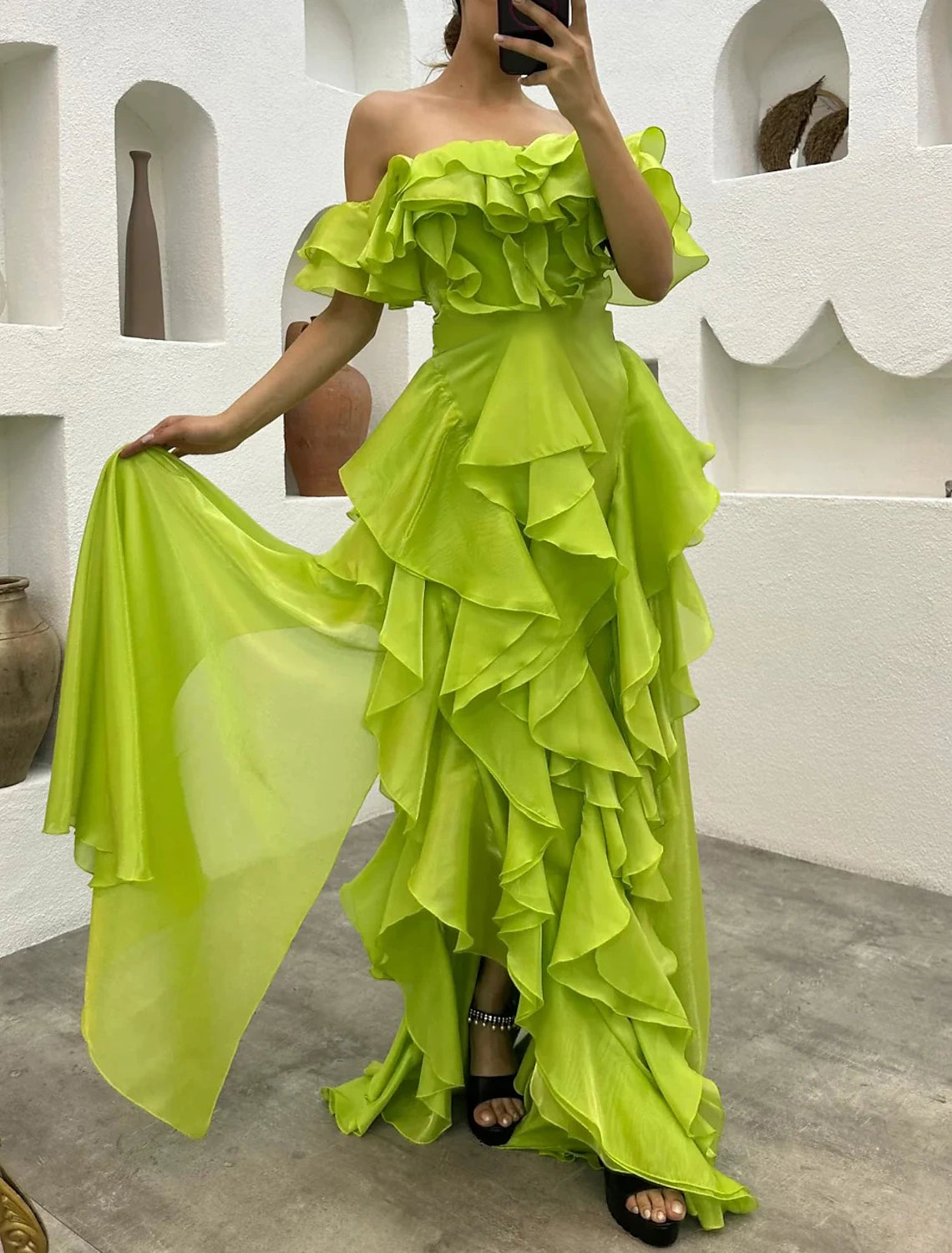 A-Line Evening Dress Black Dress Tiered Plisse Dress Formal Masquerade Sweep / Brush Train Sleeveless Off Shoulder Gothic Chiffon with Ruffles