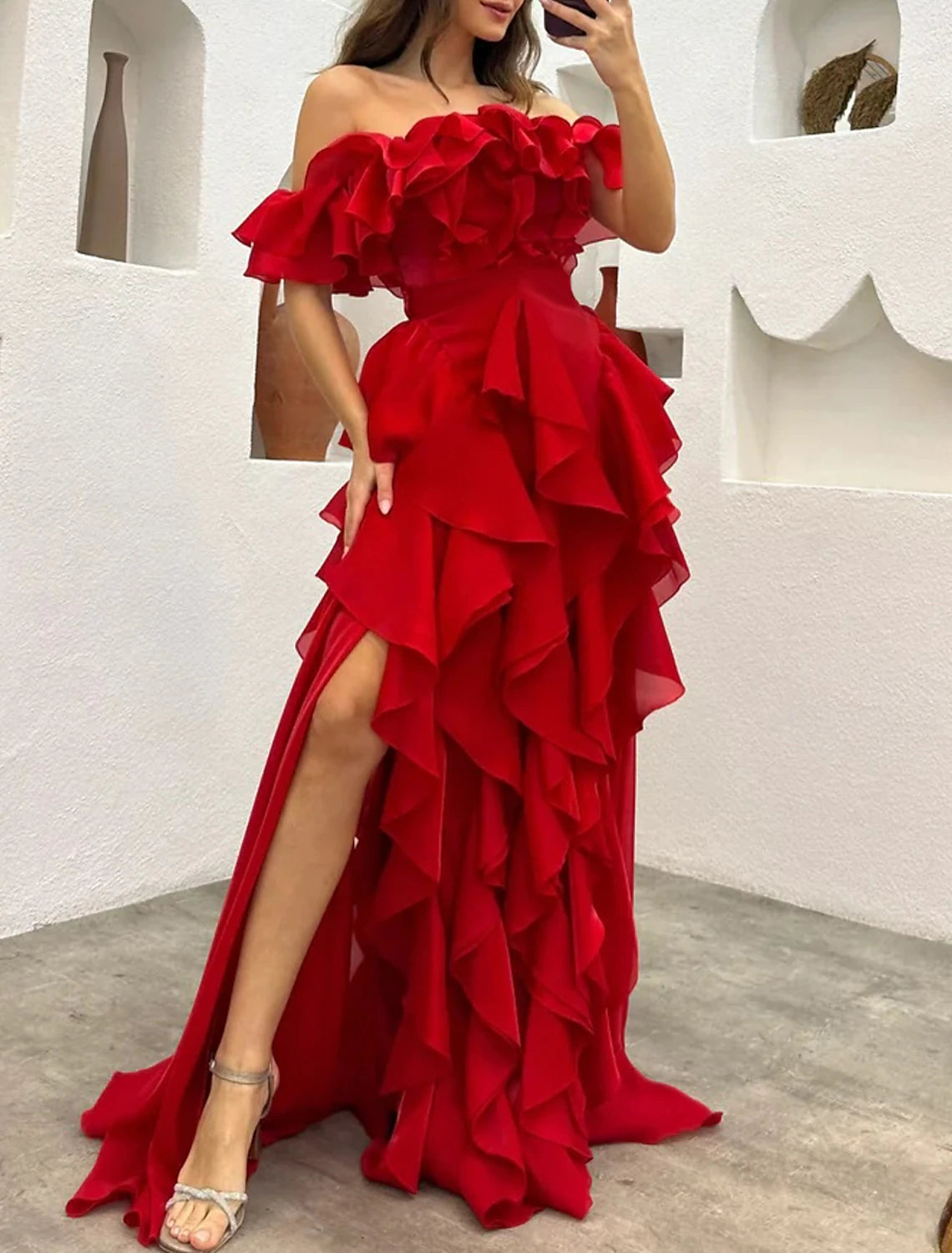 A-Line Evening Dress Black Dress Tiered Plisse Dress Formal Masquerade Sweep / Brush Train Sleeveless Off Shoulder Gothic Chiffon with Ruffles