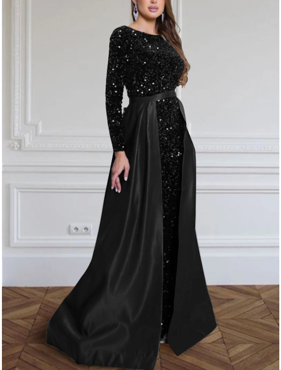 A-Line Evening Gown Sparkle & Shine Black Dress Formal Fall Sweep / Brush Train Long Sleeve Jewel Neck Sequined with Glitter Pleats