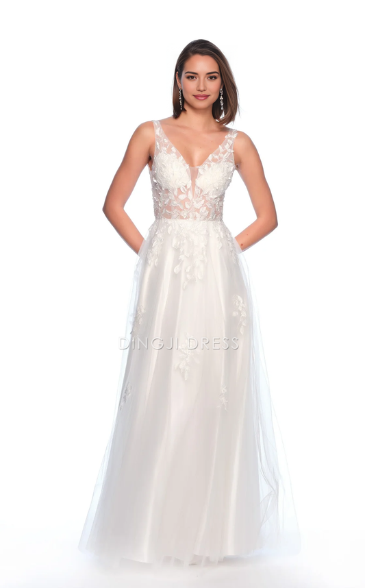 DingJiDress Hot Sale Wedding Dress Exquisite A Line Deep V Neck Sleeveless Lace Applique Backless Fashion Formal Wear Dresses