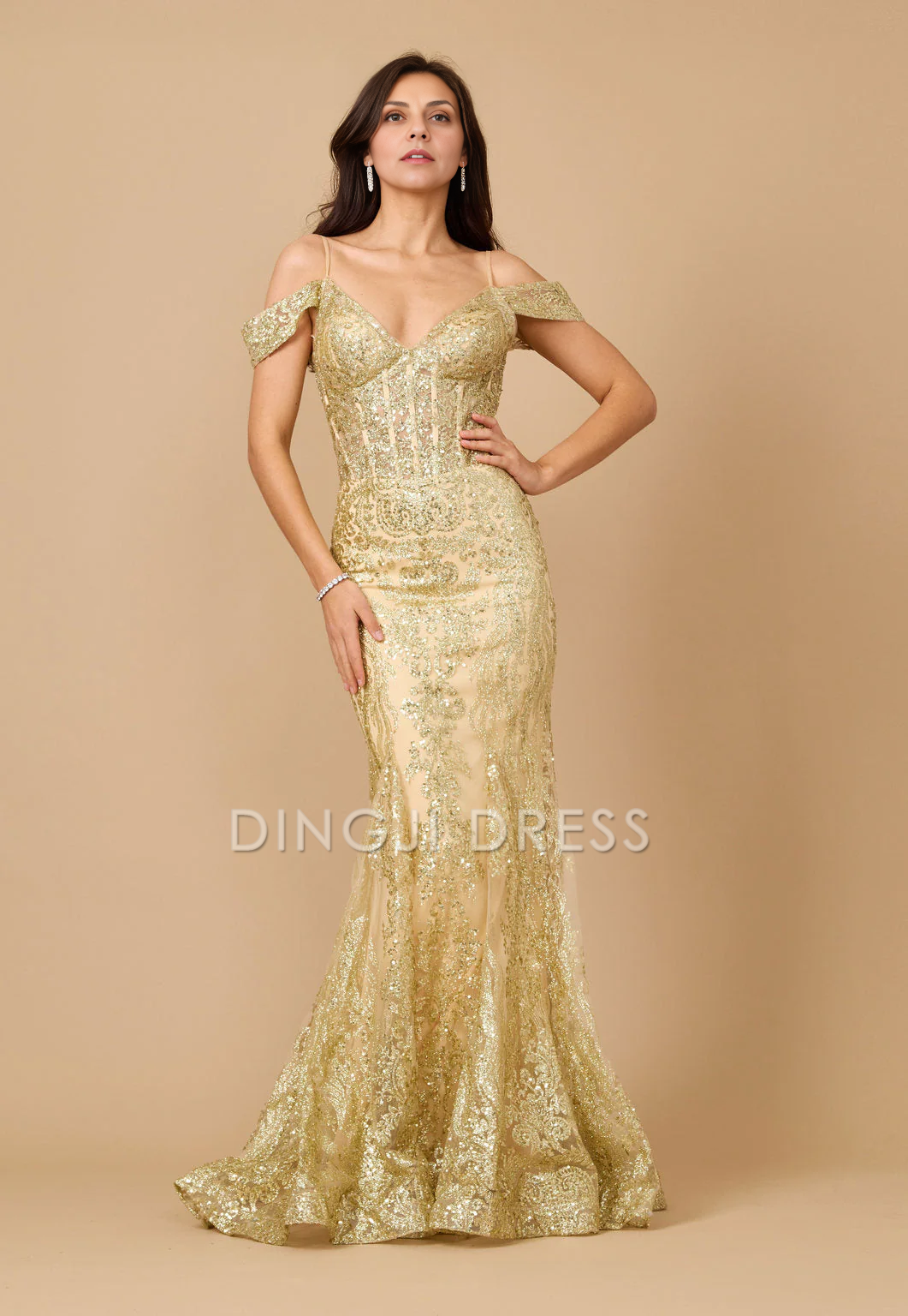 DingJiDress Evening Dress Charming Mermaid Off-Shoulder Spaghetti Strap Sequin Corset Sparkle Long Mother Of The Bride Dress