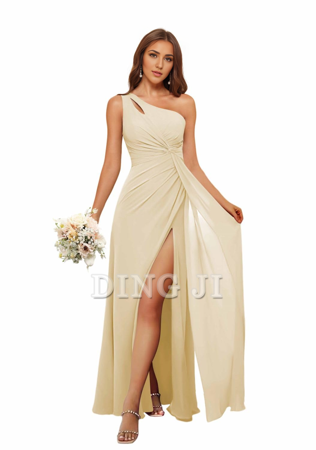 DingJiDress Bridesmaid Dresses A Line One Shoulder Pleated Side Fork Long Chiffon High Quality Formal Wear Dresses
