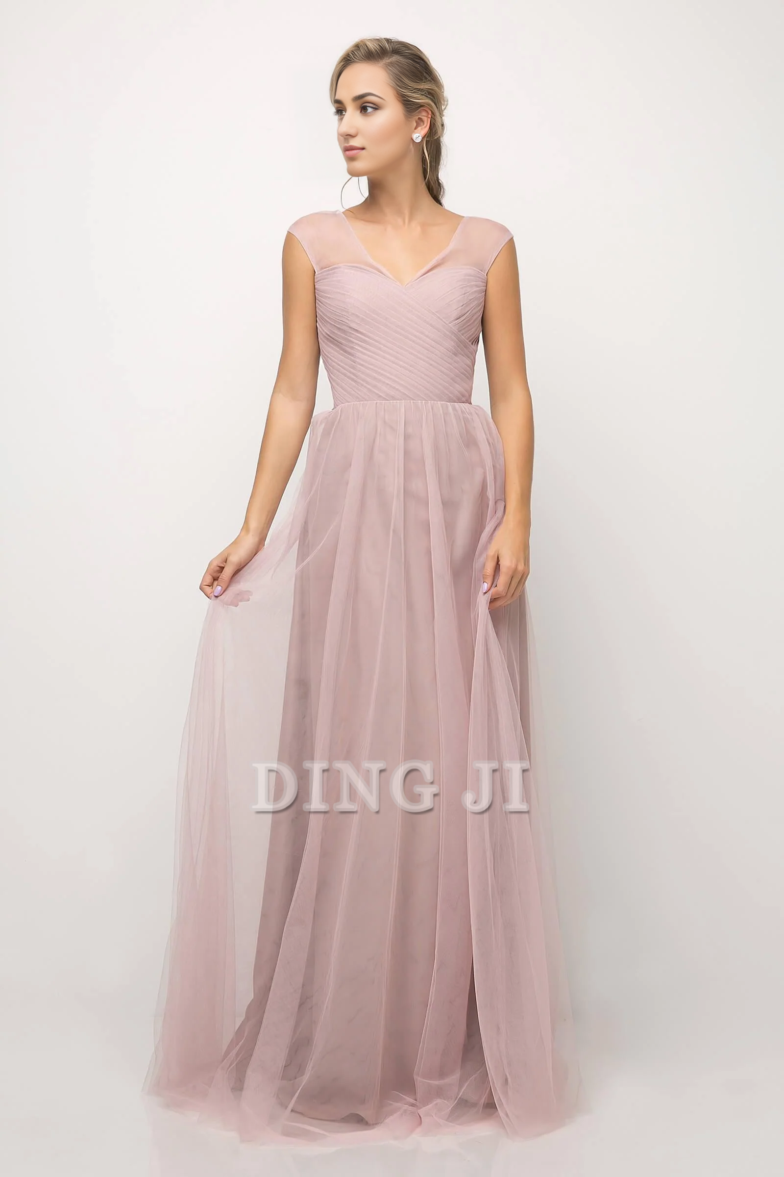 DingJiDress Bridesmaid Dresses Elegant Sleeveless Full Length Gown V-Neckline Sheer Mesh Shoulder Crisscross Gathered Sweetheart Bodice V Shaped Back Tulle Dresses Wedding Guests Dresses