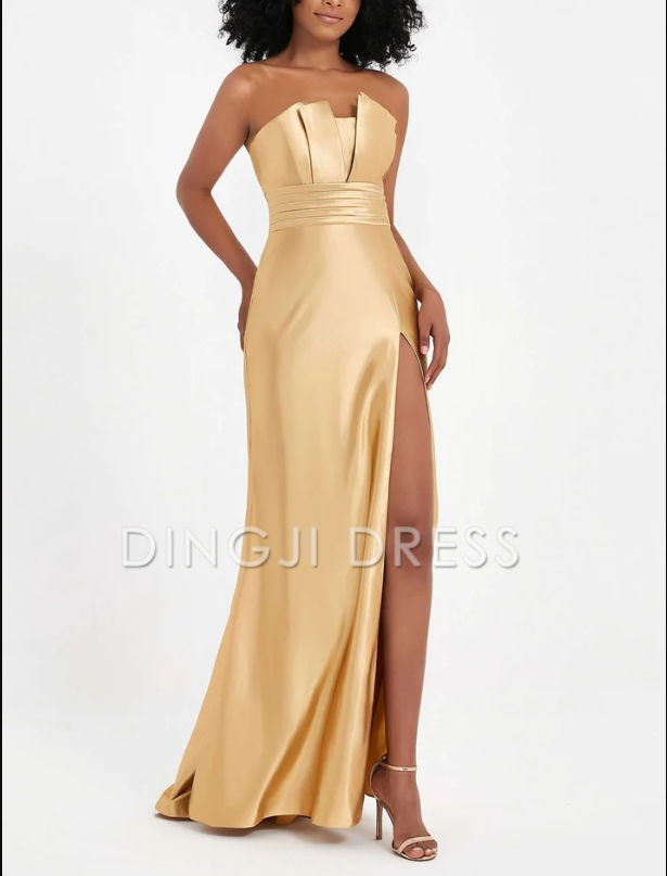 DingJiDress Evening Dress Elegant Sheath Strapless Pleated High Slit Long Satin Side Fork Charming Formal Dress