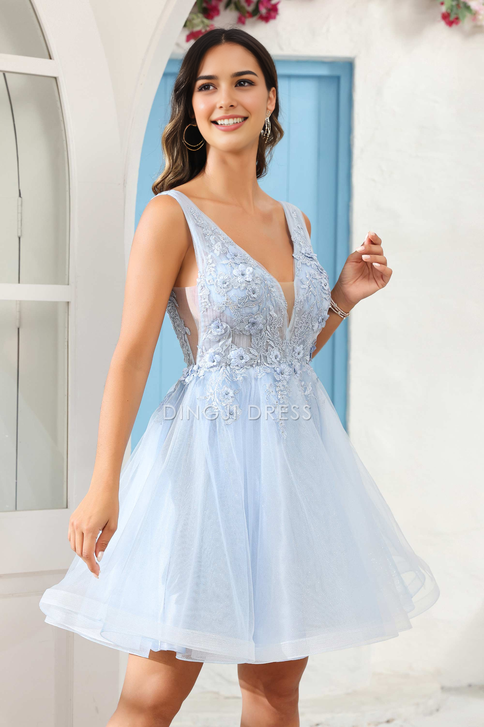 DingJiDress Hot Sale Homecoming Dress Exquisite A-Line Deep V Neck Sleeveless Floral Applique See-Through Romantic Mini Dress