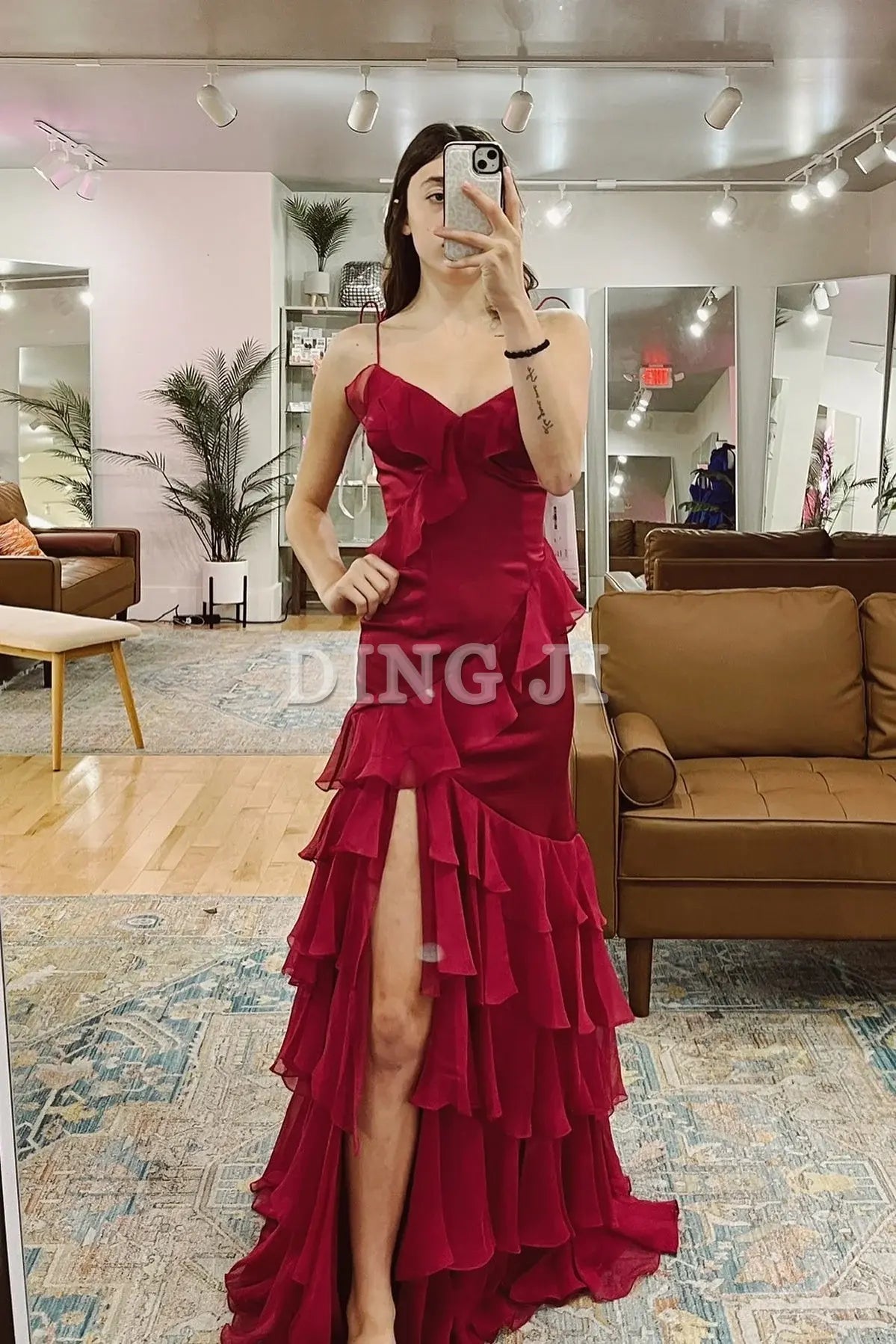 DingJiDress Evening Dress Sweetheart Tie Shoulder Mermaid Ruffle Tiered Long Prom Dress Side Fork Sweep Train Charming Formal Wear Dresses Wedding Guest Dresses
