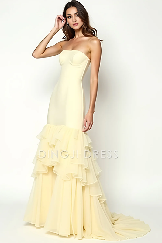 DingJiDress High Quality Dress Elegant Sheath Strapless Square Neck Tiers Ruffles Fashion Long Prom Dress
