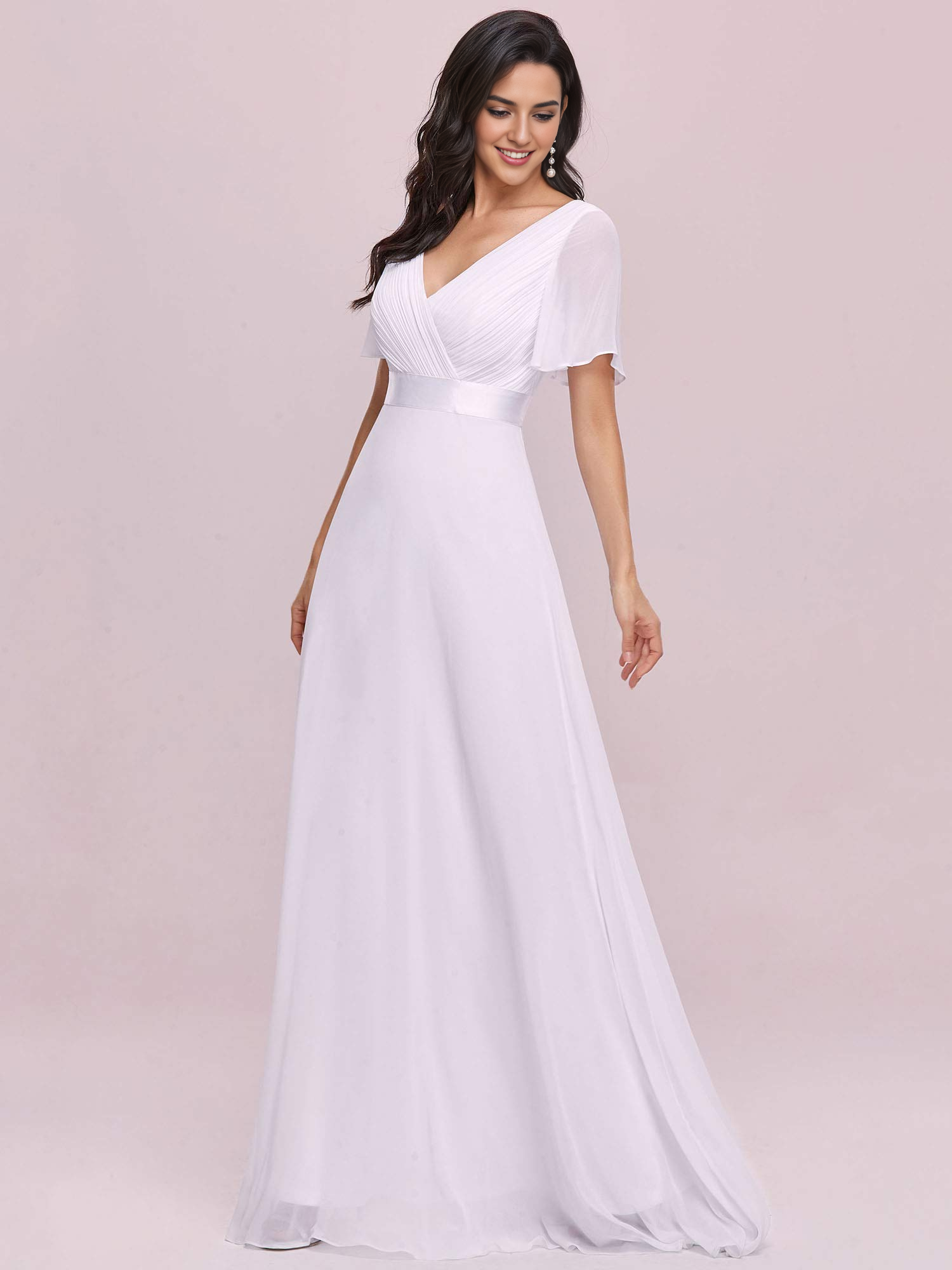 DingJiDress Wedding Dress V-Neck Short Sleeve Ruched Floor Length Formal Women's Dresses