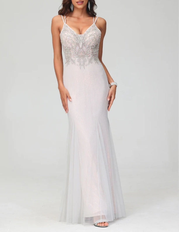 DingJiDress Evening Dress Charming V-Neck Spaghetti Straps Bodycon Glitter Backless Tulle Floor-Length Fashion Formal Dress