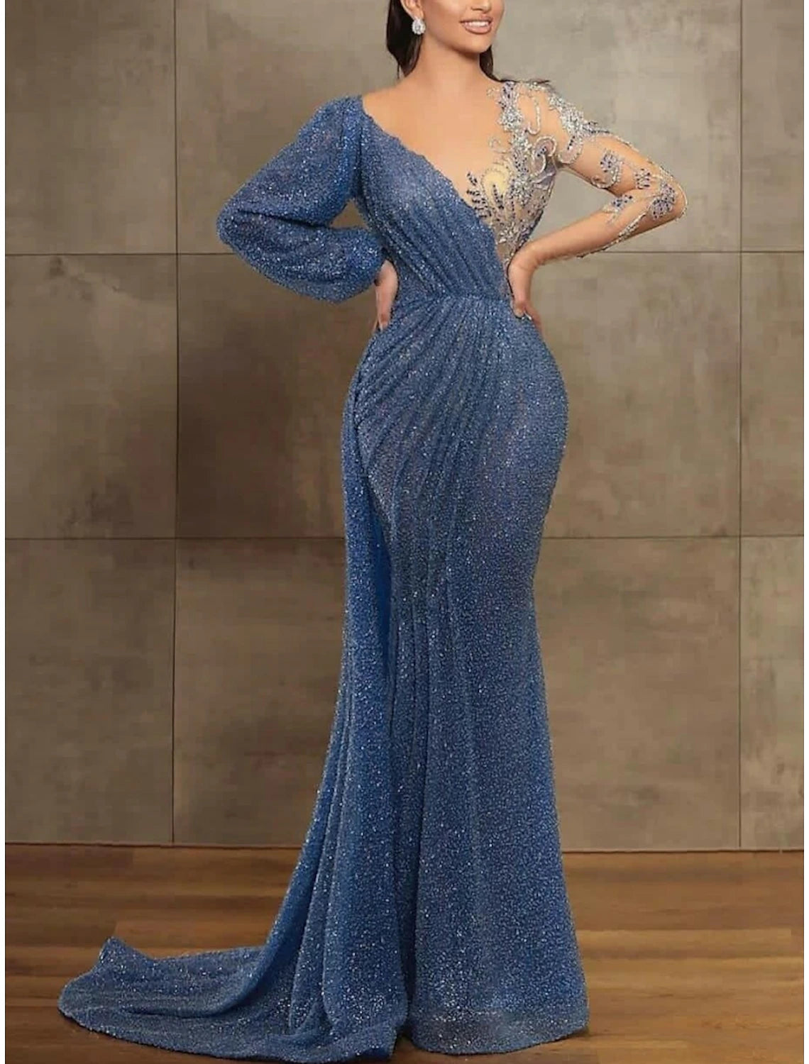 Mermaid / Trumpet Evening Gown Elegant Dress Formal Christmas Court Train Long Sleeve Illusion Neck Sequined with Pleats Sequin