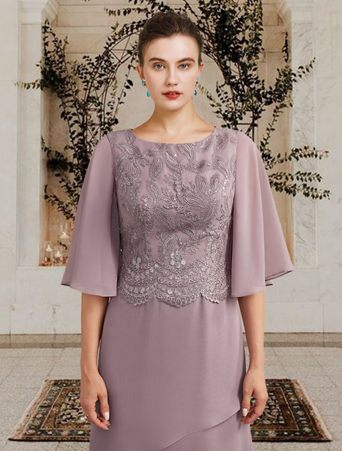 Mother of the Bride Dress Plus Size Elegant Jewel Neck Floor Length Chiffon Lace Short Sleeve with Ruffles Appliques