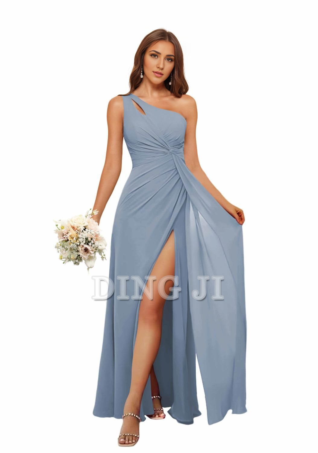 DingJiDress Bridesmaid Dresses A Line One Shoulder Pleated Side Fork Long Chiffon High Quality Formal Wear Dresses