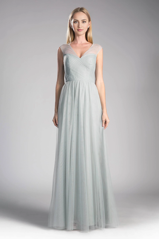 DingJiDress Bridesmaid Dresses Elegant Sleeveless Full Length Gown V-Neckline Sheer Mesh Shoulder Crisscross Gathered Sweetheart Bodice V Shaped Back Tulle Dresses Wedding Guests Dresses