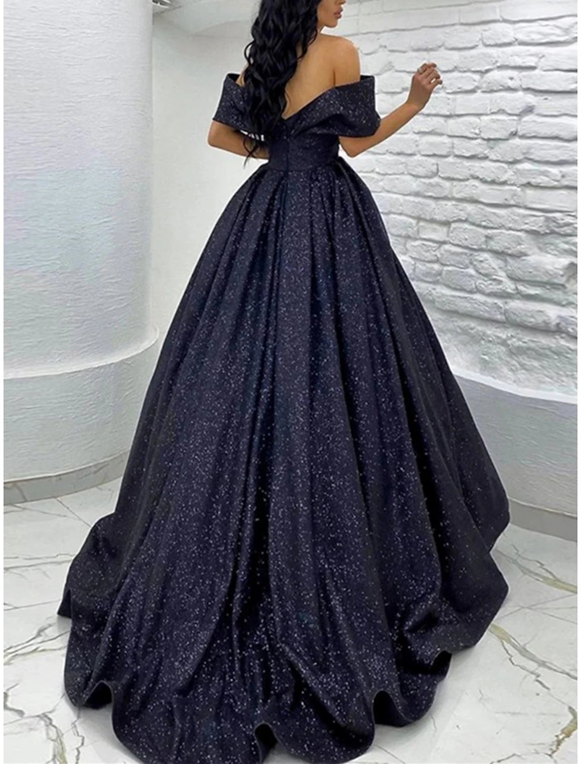 A-Line Prom Dresses Glittering Dress Black Tie Gala Sweep / Brush Train Short Sleeve Off Shoulder Sequined with Glitter Pleats