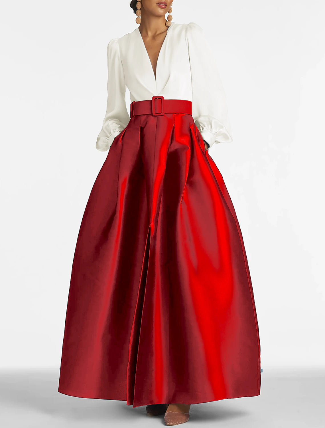 A-Line Formal Satin Pocket Long Sleeve Blue Black Evening Gown High Split Wedding Guest Dress Fall Wedding Floor Length Color Contrast V Neck Belt / Sash Navy with Pleats