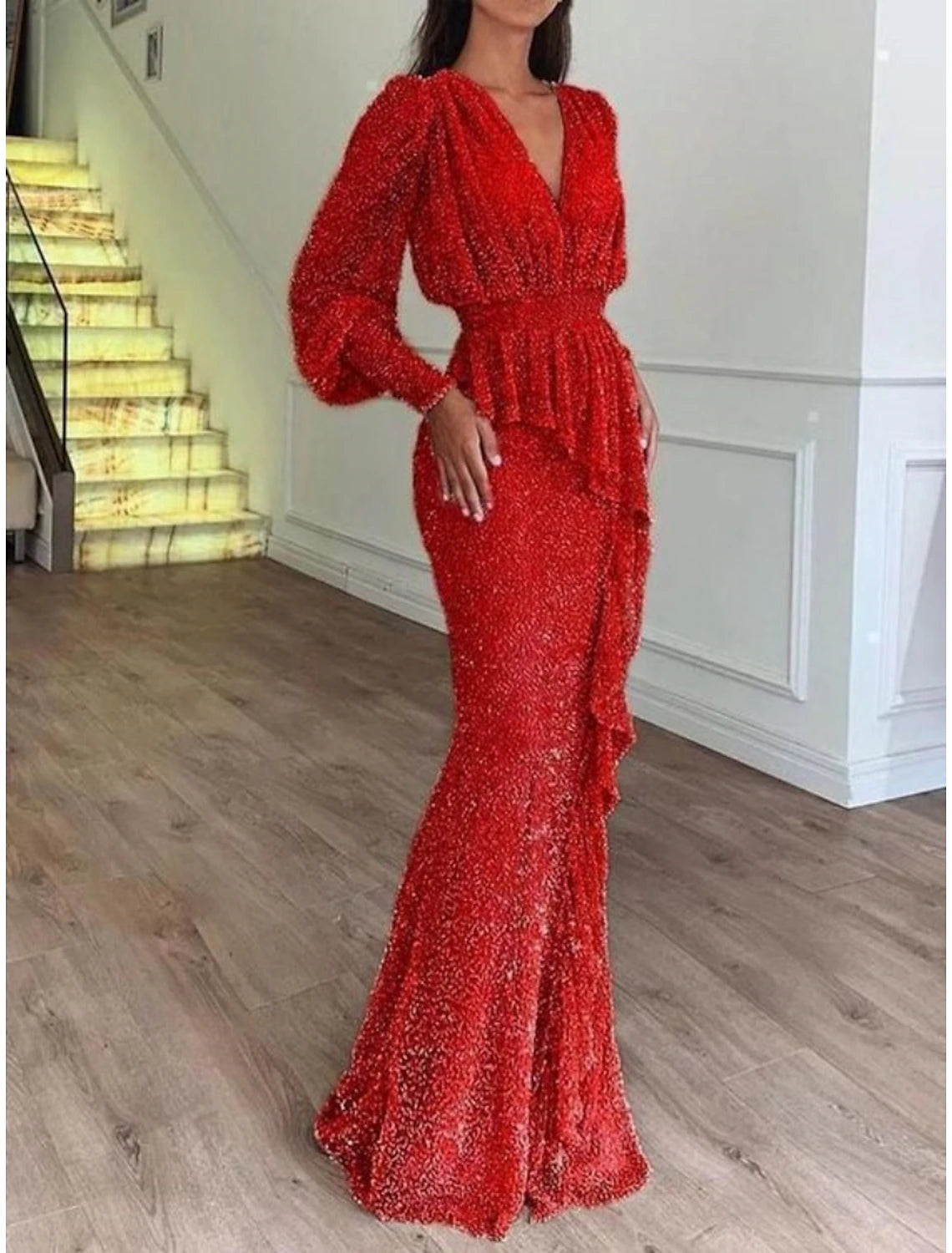 DingJiDress Mermaid / Trumpet Evening Gown Elegant Dress Formal Floor Length Long Sleeve V Neck Sequined with Glitter Pleats Ruffles