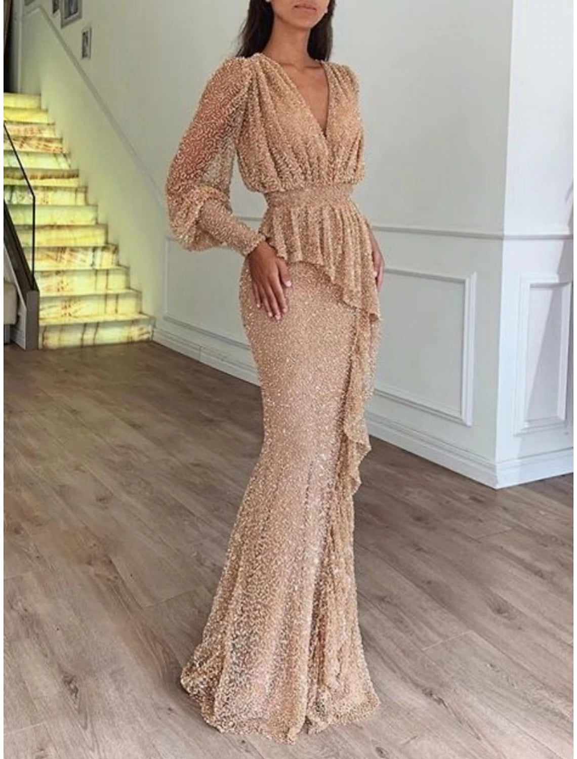 DingJiDress Mermaid / Trumpet Evening Gown Elegant Dress Formal Floor Length Long Sleeve V Neck Sequined with Glitter Pleats Ruffles