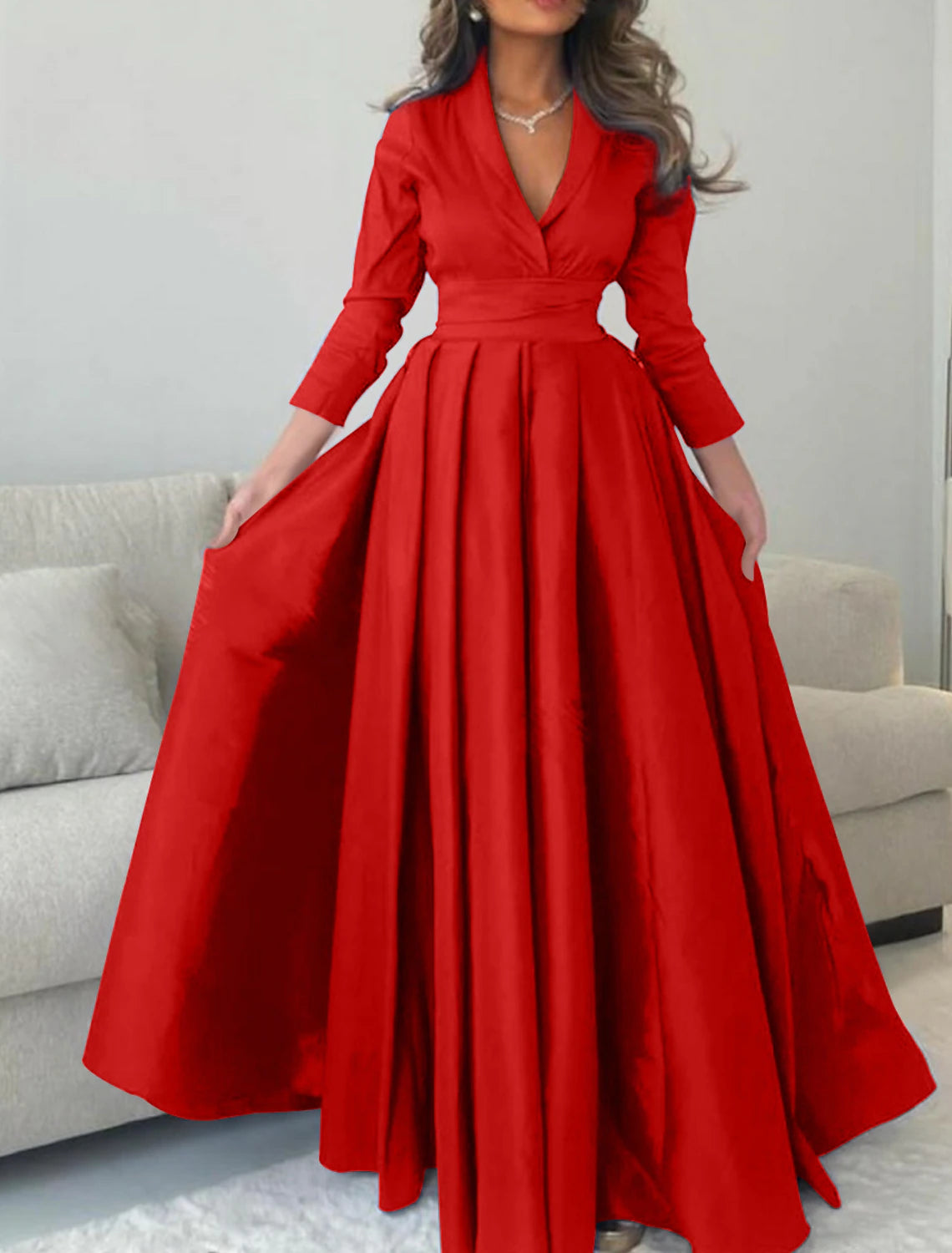 A-Line Evening Gown Elegant Dress Formal Christmas Floor Length 3/4 Length Sleeve V Neck Satin with Pleats