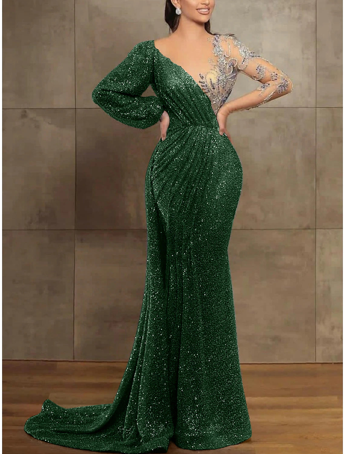 Mermaid / Trumpet Evening Gown Elegant Dress Formal Christmas Court Train Long Sleeve Illusion Neck Sequined with Pleats Sequin
