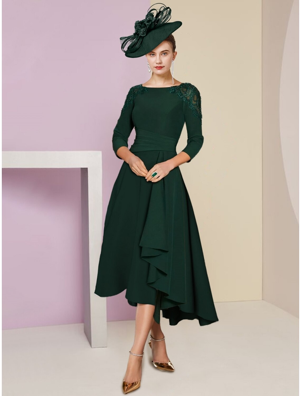 A-Line Mother of the Bride Dress Wedding Guest Elegant Scoop Neck Asymmetrical Stretch Chiffon 3/4 Length Sleeve with Sequin