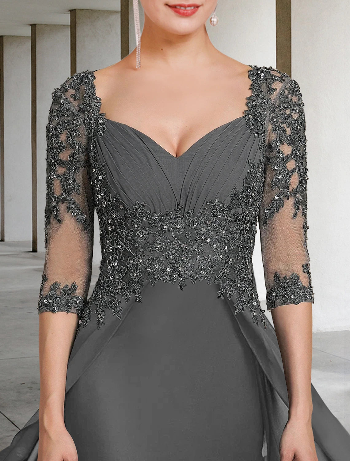 Sheath / Column Mother of the Bride Dress Formal Wedding Guest Party Elegant Square Neck Floor Length Chiffon Lace 3/4 Length Sleeve with Sequin Appliques