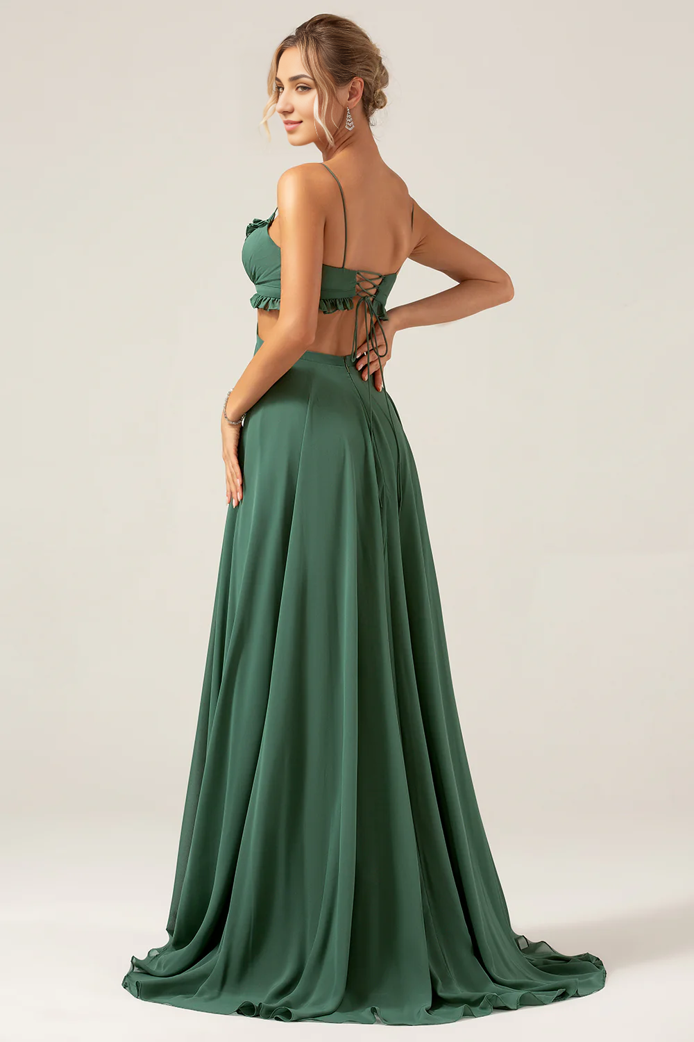 DingJiDress Long Bridesmaid Dress A-Line Evening Dress Spaghetti Straps Backless Chiffon Eucalyptus