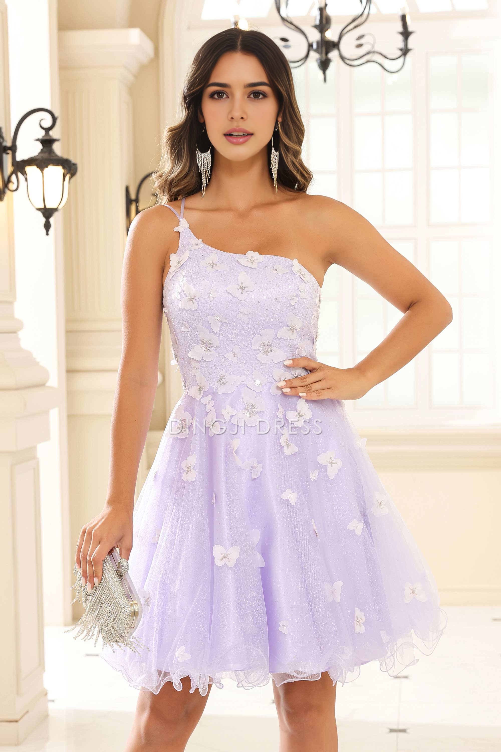 DingJiDress Hot Sale Homecoming Dress Unique A-Line One-Shoulder Spaghetti Straps 3D Butterfly Decal Ruffles Fashion Mini Dress