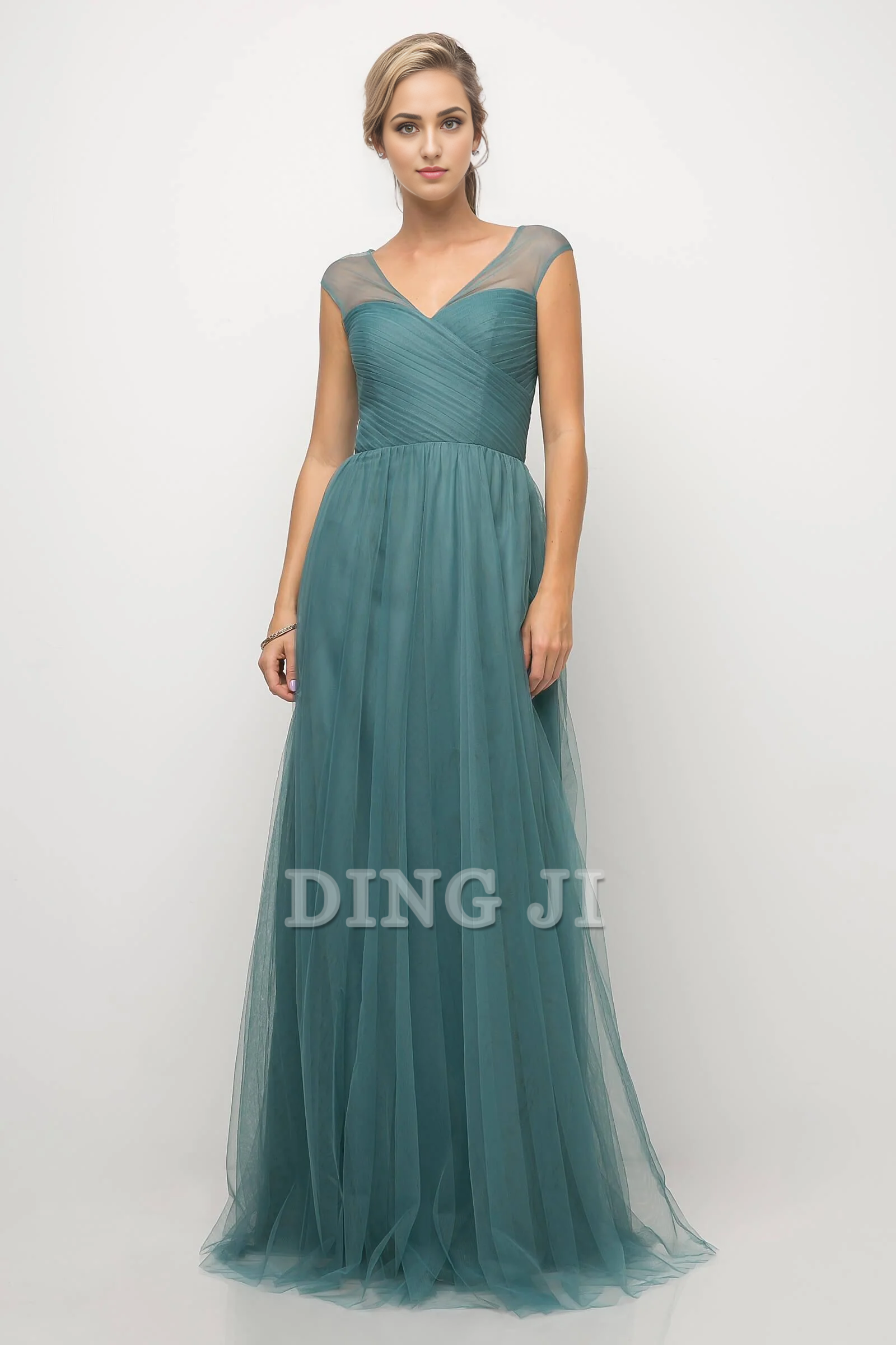 DingJiDress Bridesmaid Dresses Elegant Sleeveless Full Length Gown V-Neckline Sheer Mesh Shoulder Crisscross Gathered Sweetheart Bodice V Shaped Back Tulle Dresses Wedding Guests Dresses