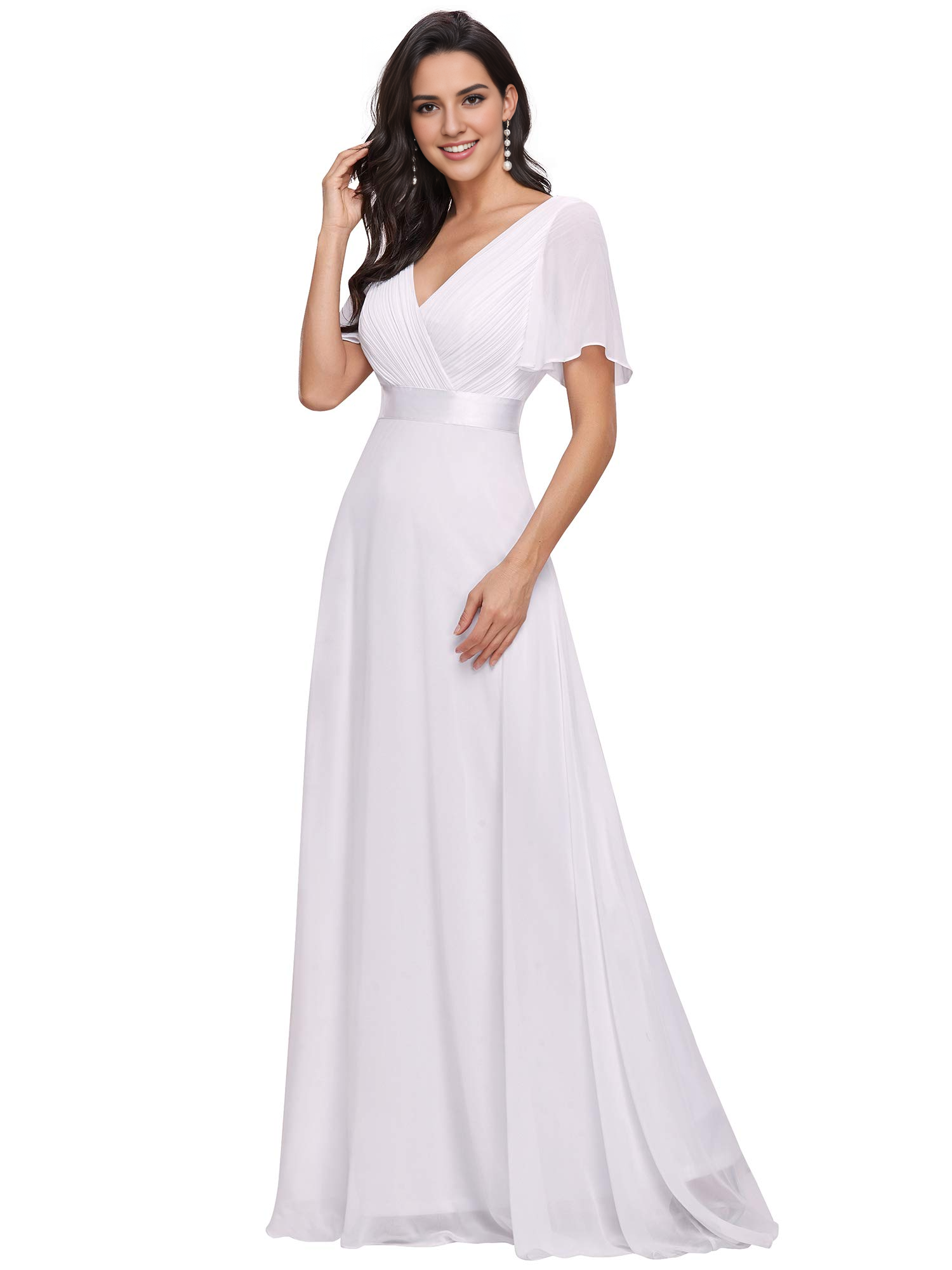 DingJiDress Wedding Dress V-Neck Short Sleeve Ruched Floor Length Formal Women's Dresses