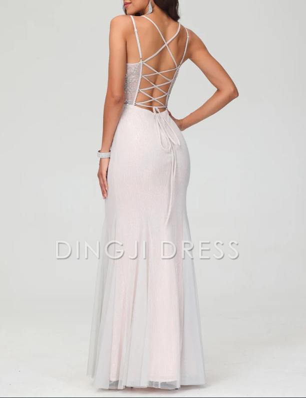 DingJiDress Evening Dress Charming V-Neck Spaghetti Straps Bodycon Glitter Backless Tulle Floor-Length Fashion Formal Dress